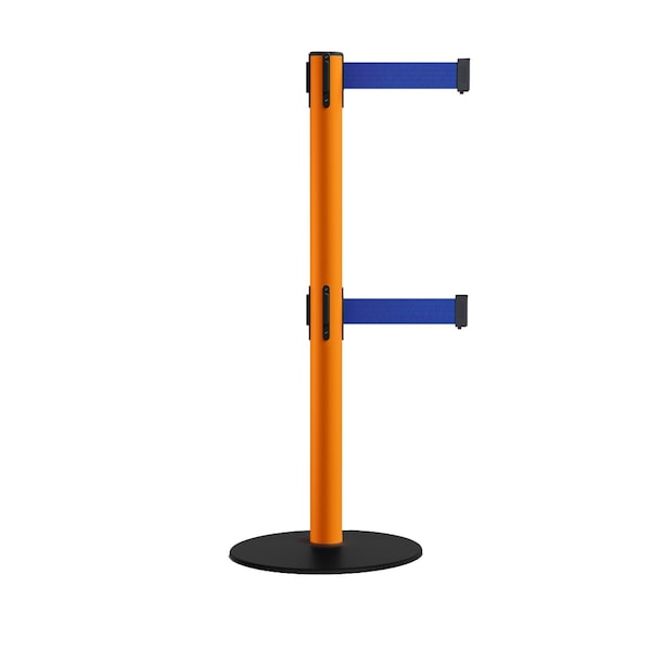 Montour Line Retractable Dbl Belt 2.5" Orange Post , Low Base, 9' Dk Blu Belt S400D-OR-DBL-90 - main